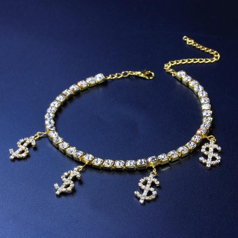 Tennis Chain Dollar Sign Pendant Anklet