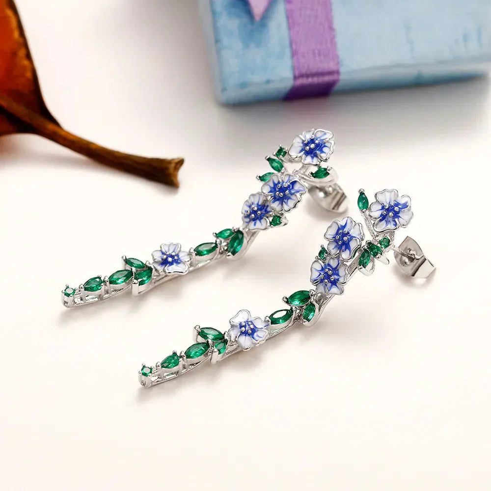 Glossy Blue Floral Dangling Earrings