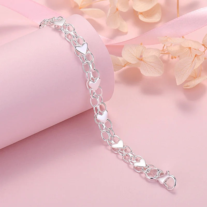 925 Silver Bracelet with Chain and Hearts