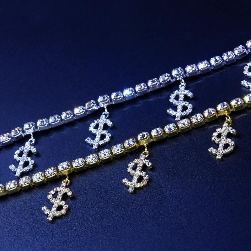 Tennis Chain Dollar Sign Pendant Anklet