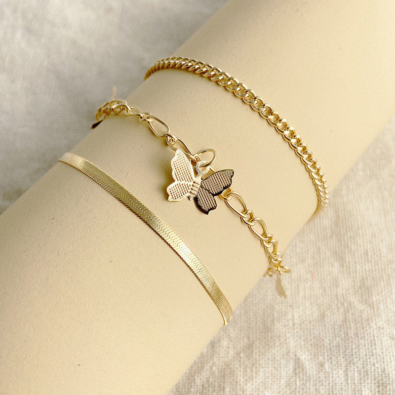 Butterfly Charm Snake Chain Anklet 3Pcs Set
