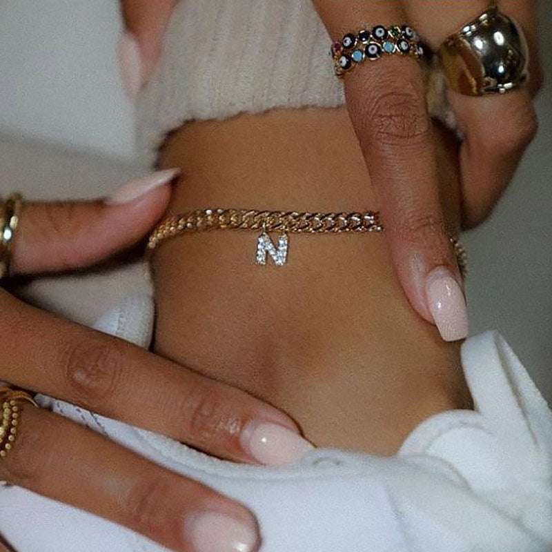 Iced A-Z Initial Letter Charm Gold Plated Cuban Chain Anklet