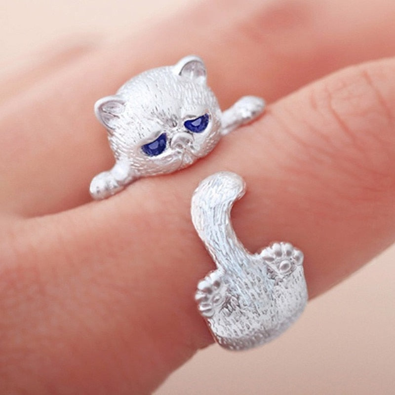 Handmade 925 Silver Ring with Cat Shape and Blue Zirconia Oxide