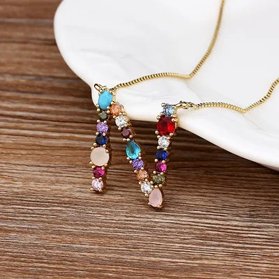 Necklace with Initials and Gemstones in 18K Gold Plating