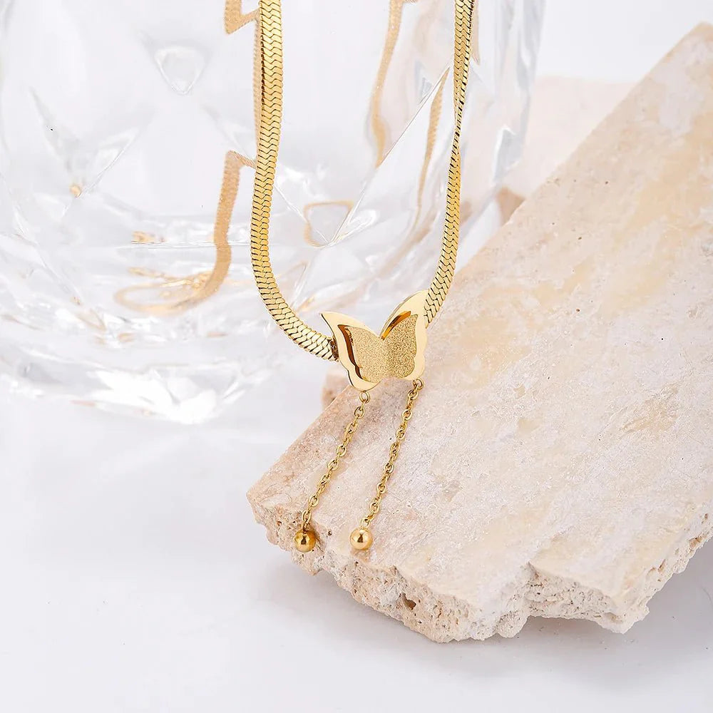 Dainty Herringbone Butterfly Dangle Necklace