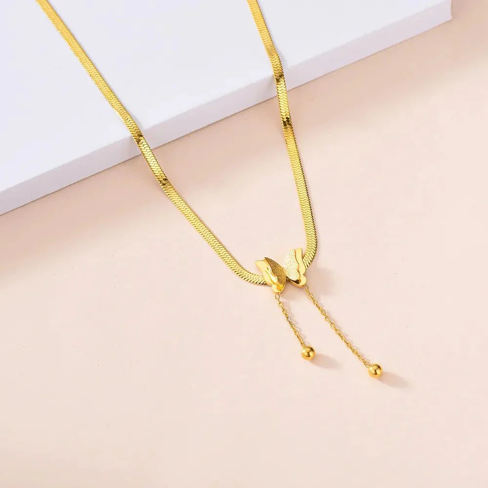Dainty Herringbone Butterfly Dangle Necklace