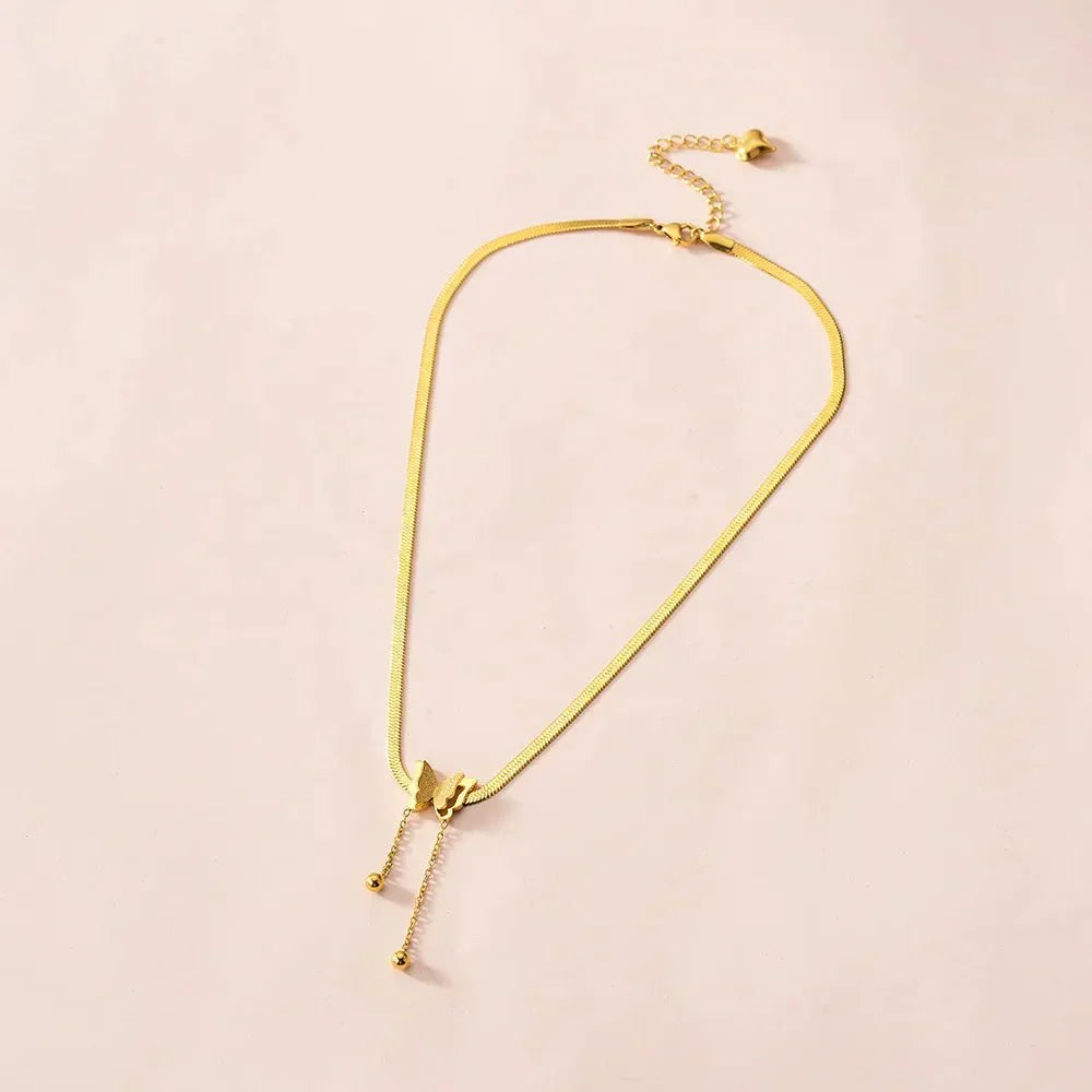 Dainty Herringbone Butterfly Dangle Necklace