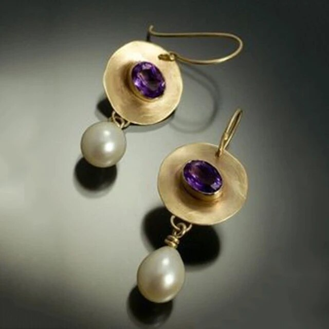 Golden Purple Earrings with Vintage Pearls